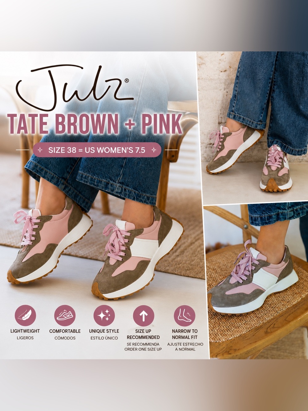 Julz Shoes Tate Sneakers - Brown + Pink Leather & Suede